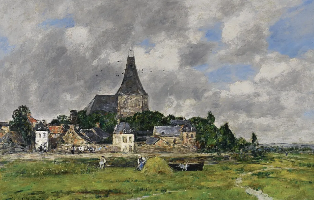 Фото обои пейзаж, дома, картина, Эжен Буден, Eugene Boudin, Кийбёф-Сюр-Сена. Церковь на Канале