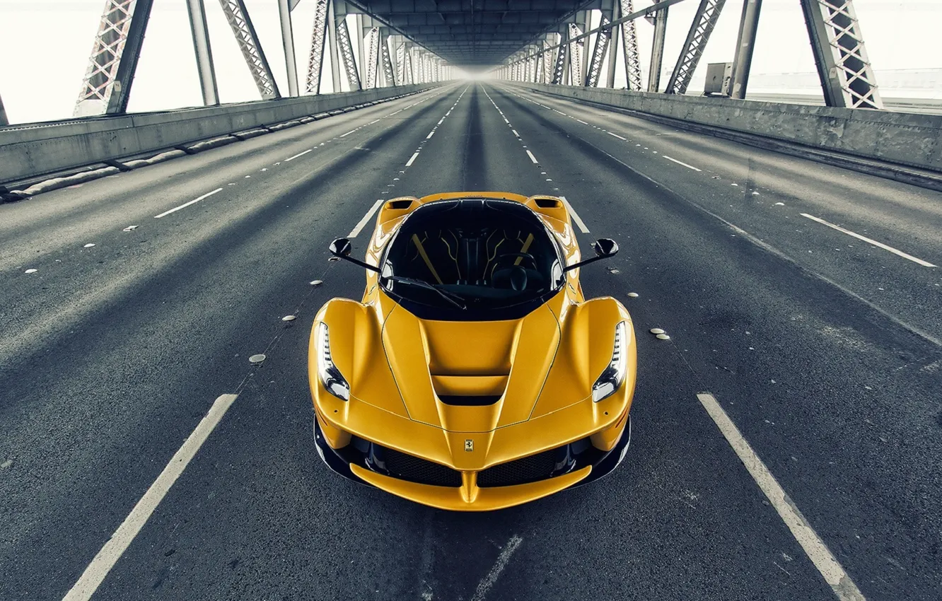 Фото обои Ferrari, Front, Bridge, Yellow, Road, Supercar, LaFerrari, Gipercar