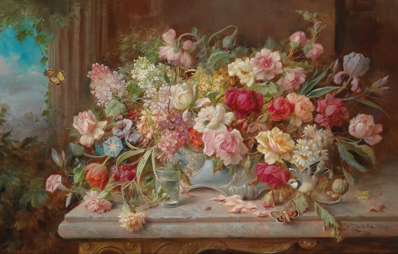 Фото обои цветы, масло, натюрморт, Hans Zatzka, «Still Life with Flowers»