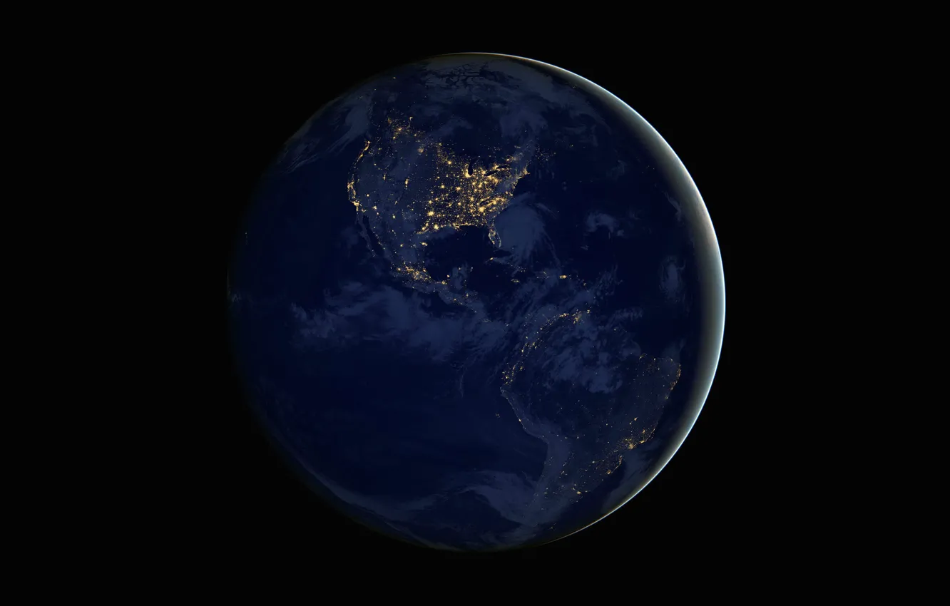 Фото обои ночь, огни, планета, Земля, континенты