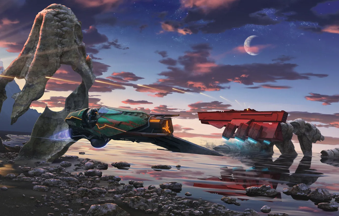 Фото обои sea, sunset, Spaceship, Fighter