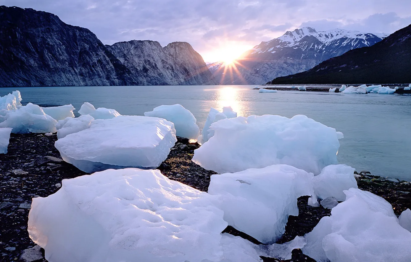 Фото обои лед, солнце, горы, windows 7, seven