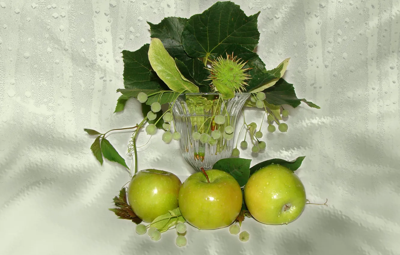 Фото обои лето, каштан, липа, вазочка, авторское фото Елена Аникина, зелёные яблоки