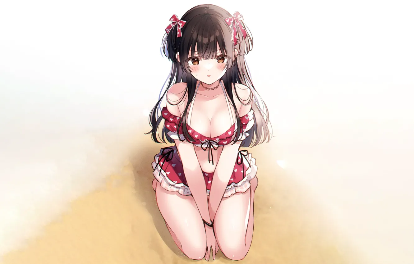 Фото обои girl, sexy, cleavage, blouse, long hair, brown hair, boobs, anime