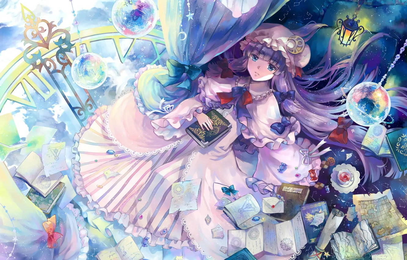 Фото обои девушка, планеты, книги, аниме, арт, touhou, patchouli knowledge, письма