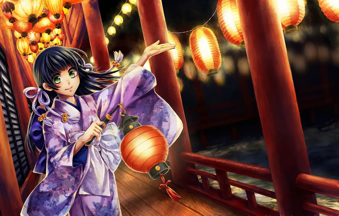 Фото обои вода, ночь, азия, арт, фонари, девочка, колонны, кимоно
