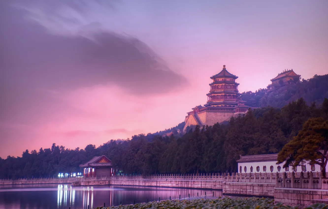 Фото обои закат, вечер, Китай, сумерки, Пекин, летний дворец