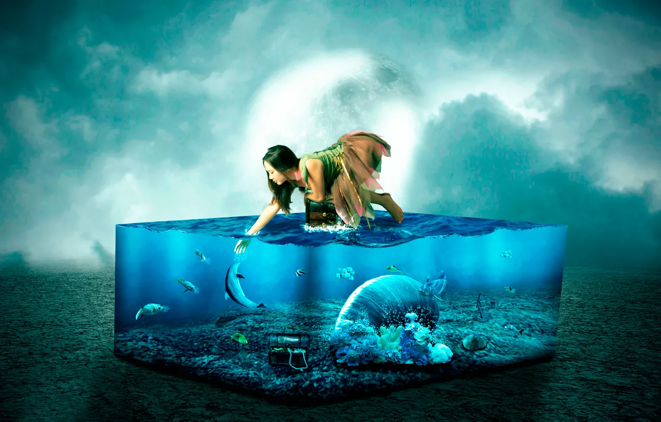 Фото обои девушка, рыбы, аквариум