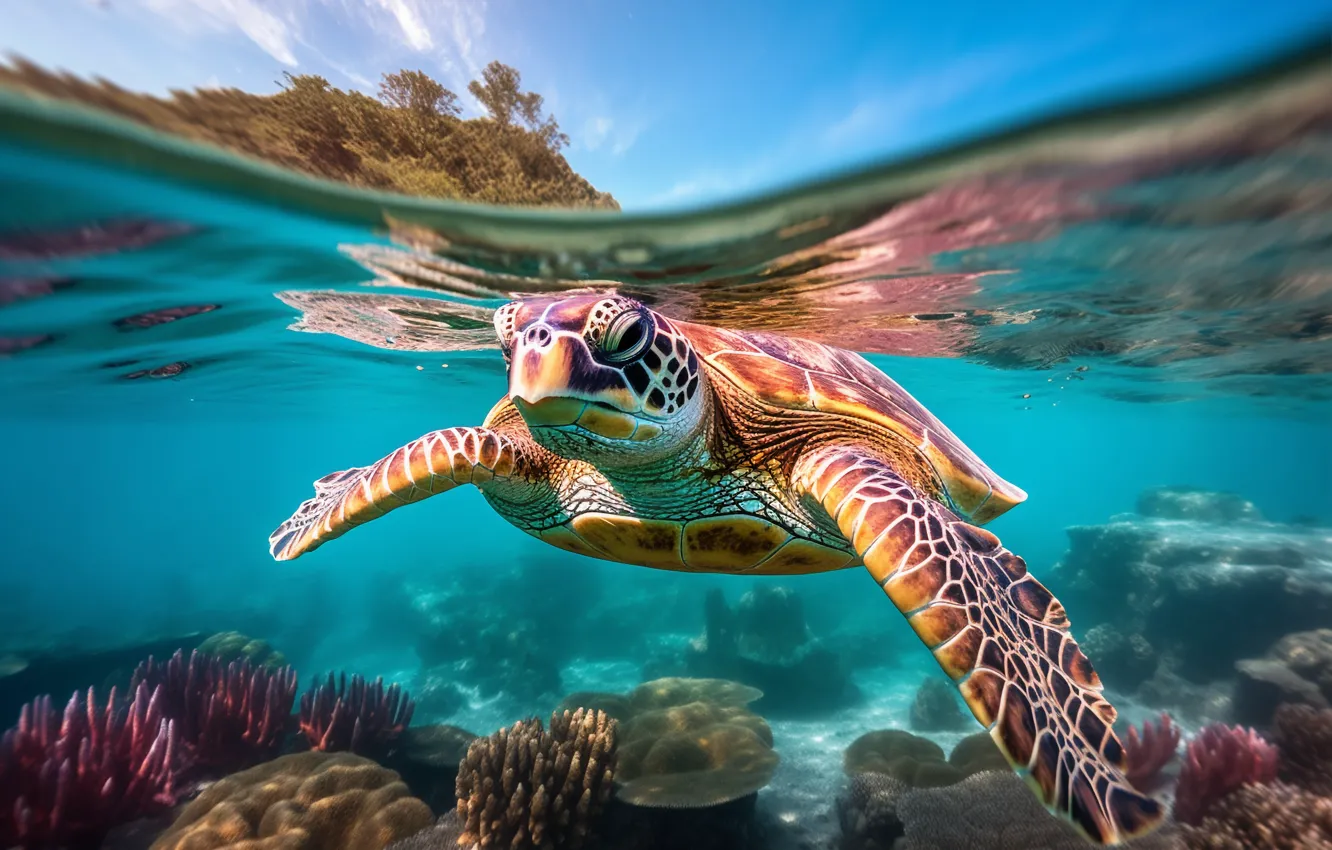 Фото обои море, взгляд, вода, черепаха, подводный мир, морская черепаха, плавание, ИИ-арт