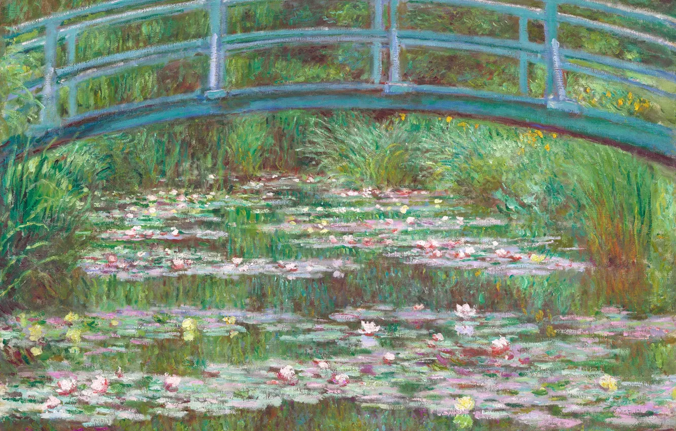 Фото обои пейзаж, пруд, лилии, картина, Клод Моне, Японский Мостик