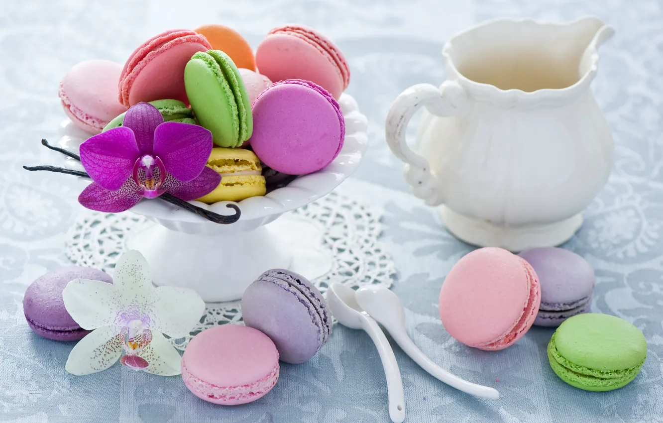 Фото обои розовая, печенье, посуда, белая, кувшин, разноцветное, десерт, орхидея