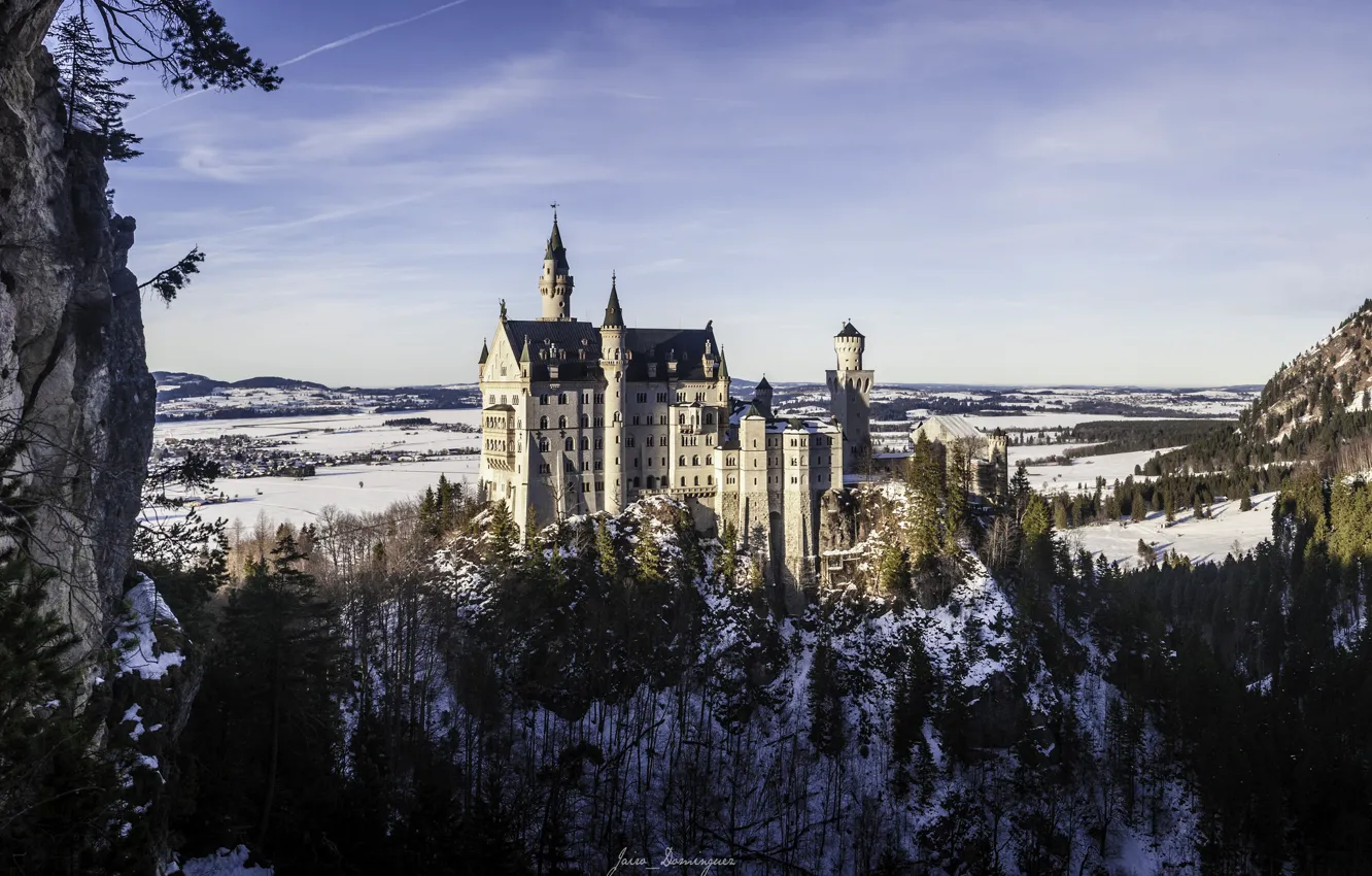 Фото обои зима, снег, замок, башни, Neuschwanstein Castle