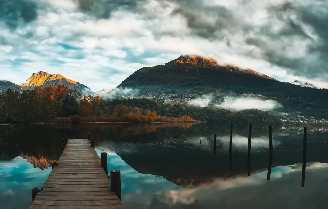 Фото обои горы, мост, озеро