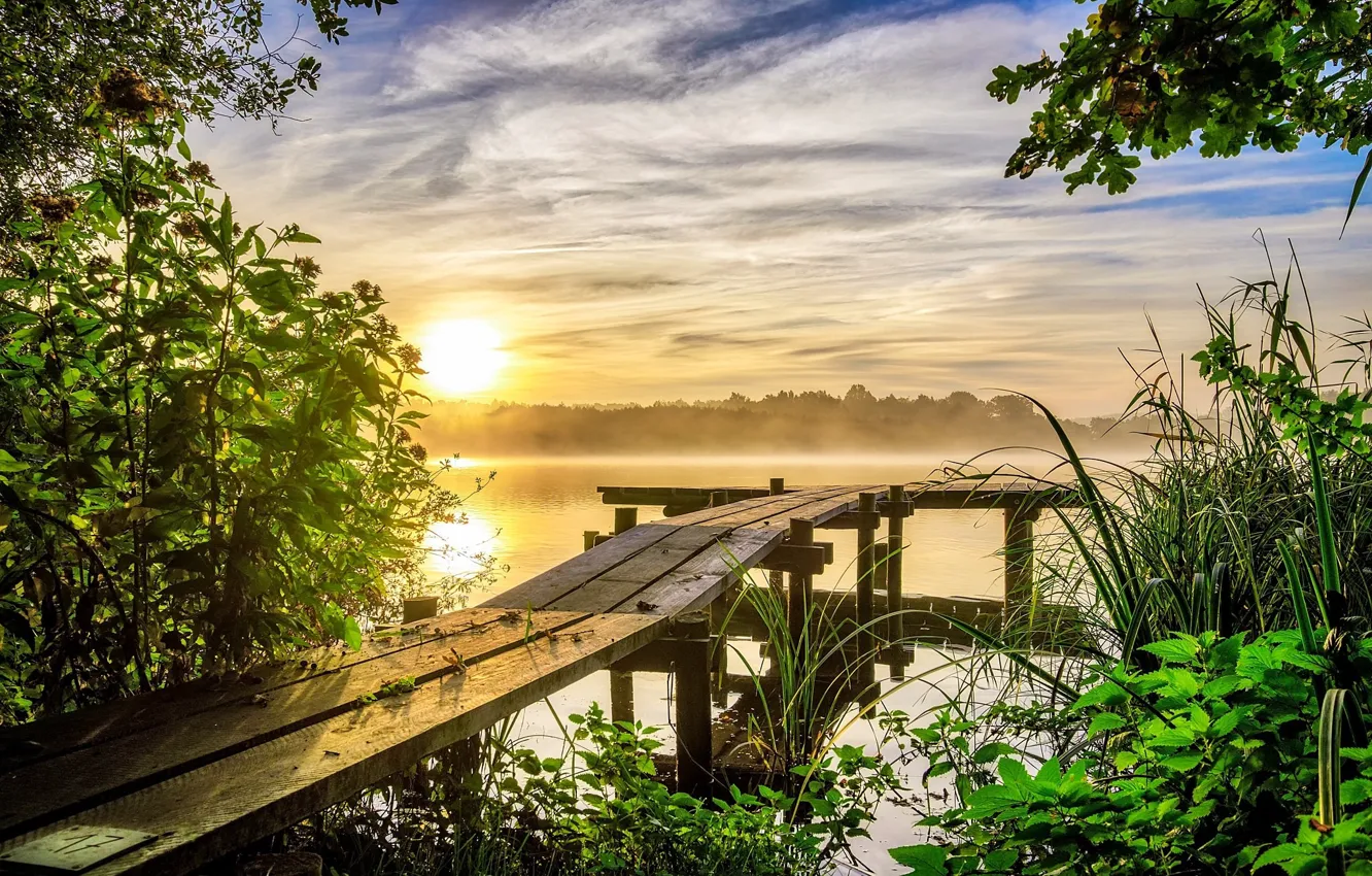 Фото обои пейзаж, природа, туман, озеро, рассвет, красота, утро, мостик