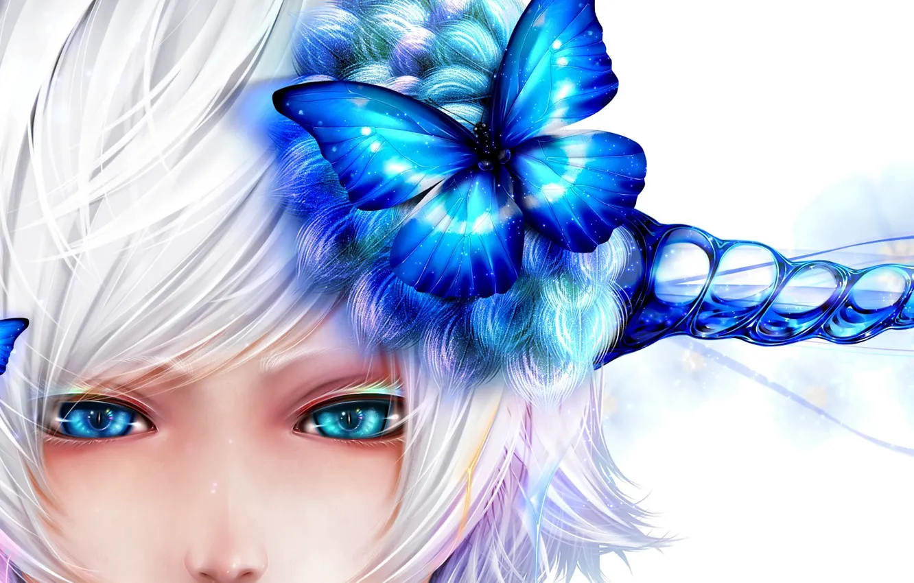 Фото обои девушка, бабочки, синий, лицо, арт, белый фон, рога, bouno satoshi