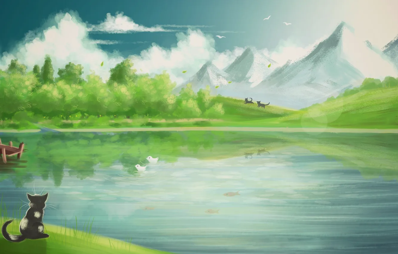 Фото обои кот, облака, рыбки, горы, птицы, арт, нарисованный пейзаж