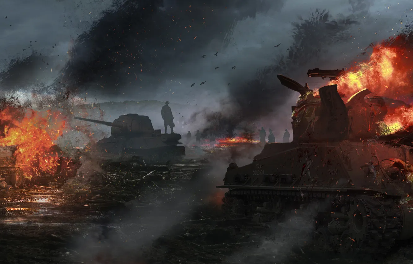 Фото обои поле, война, арт, танки