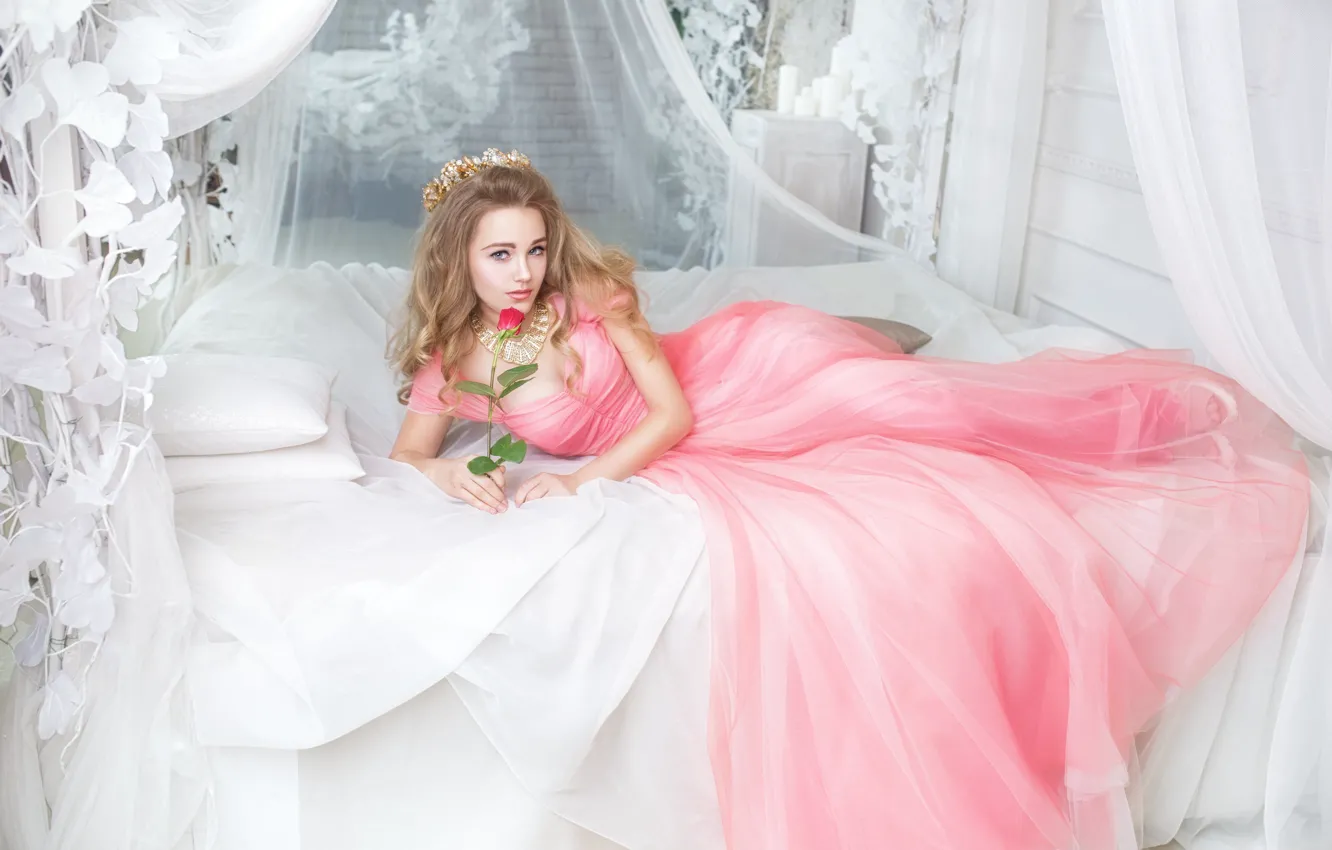 Фото обои взгляд, девушка, поза, роза, кровать, платье, красивая, Галяев Евгений