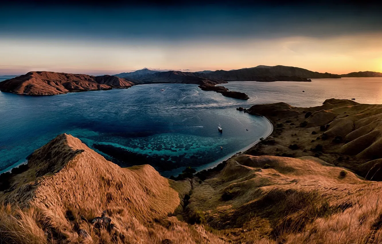 Фото обои море, трава, закат, холмы