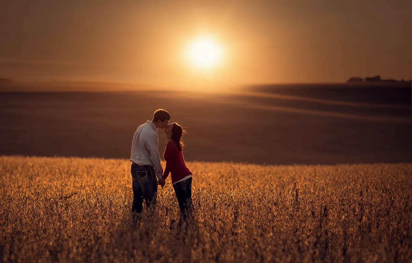 Фото обои поле, девушка, солнце, простор, парень, влюблённые, боке
