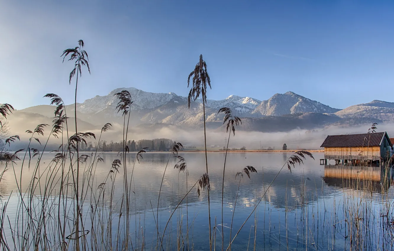 Фото обои пейзаж, горы, природа, туман, озеро