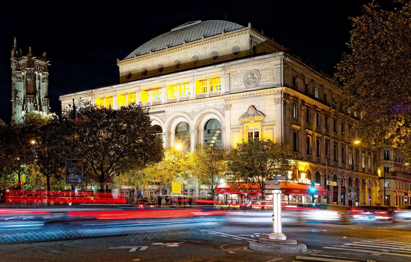 Фото обои огни, Франция, Париж, вечер, театр танца, Театр де ля Вилль, Théâtre de la Ville