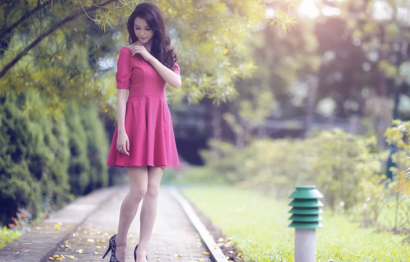 Фото обои дерево, дорожка, азиатка, длинные волосы, long hair, tree, asian, path