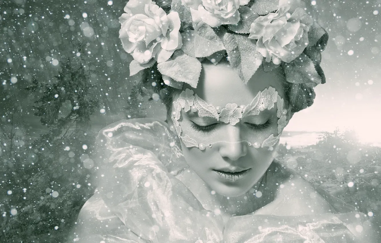 Фото обои зима, девушка, цветы, стиль, настроение, розы, маска, чёрно-белая