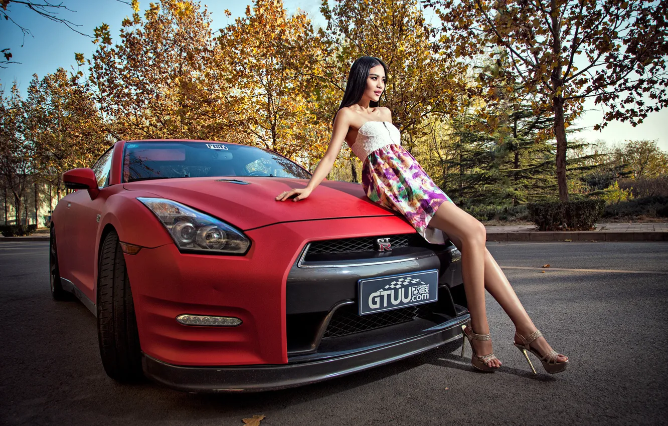 Фото обои машина, авто, девушка, модель, азиатка, автомобиль, nissan GT-R, korean model