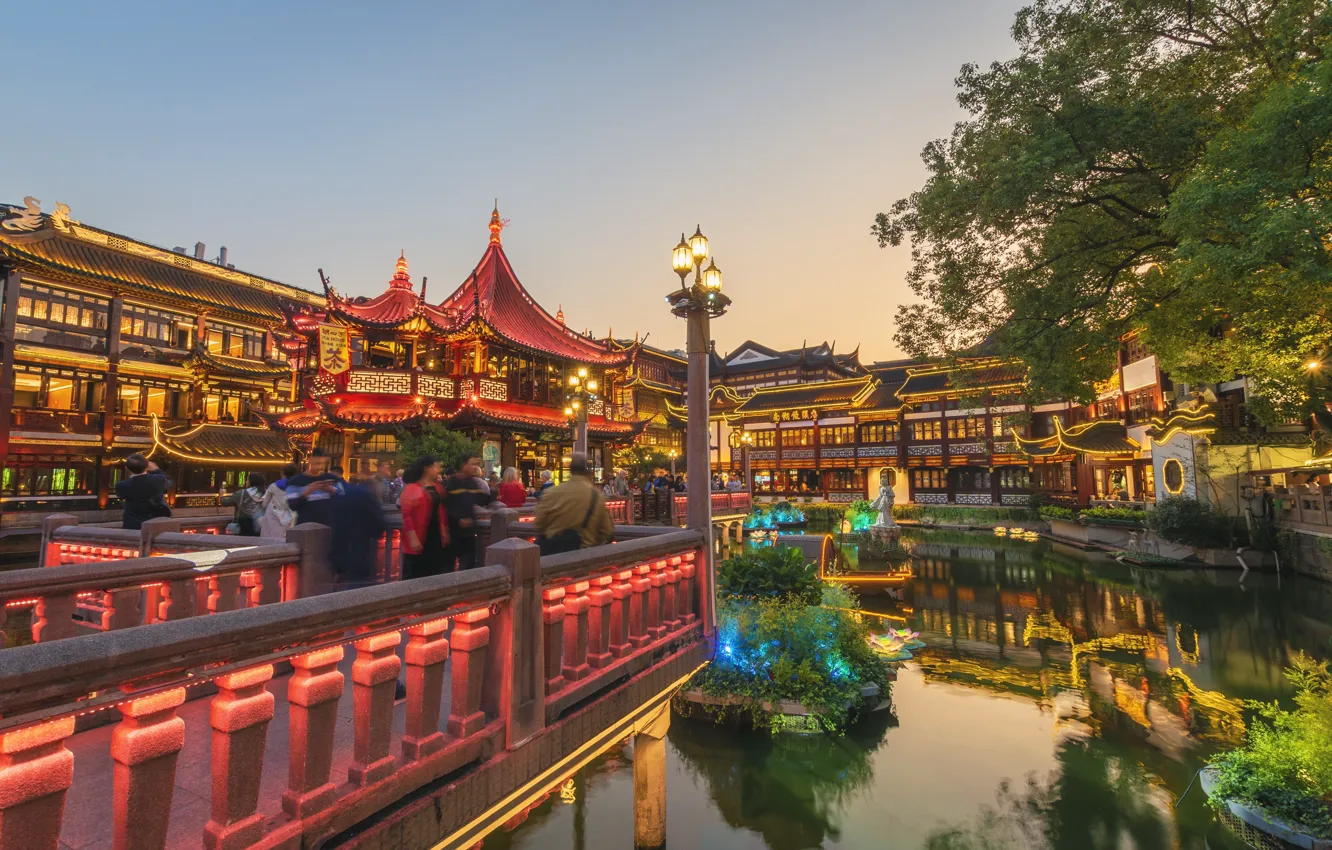 Фото обои город, вечер, сад, освещение, фонари, Китай, Шанхай, Yu Garden