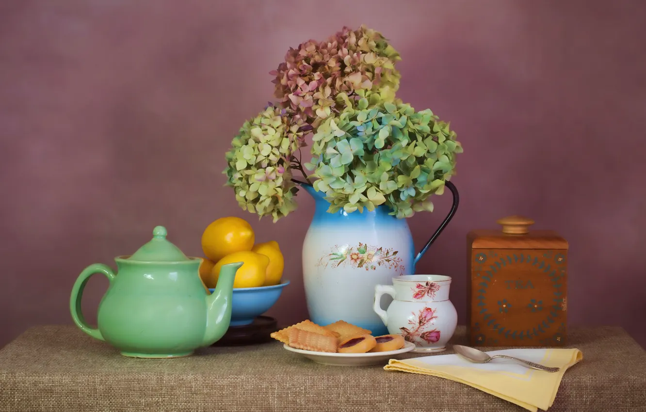 Фото обои чай, чайник, печенье, натюрморт, лимоны, гортензия