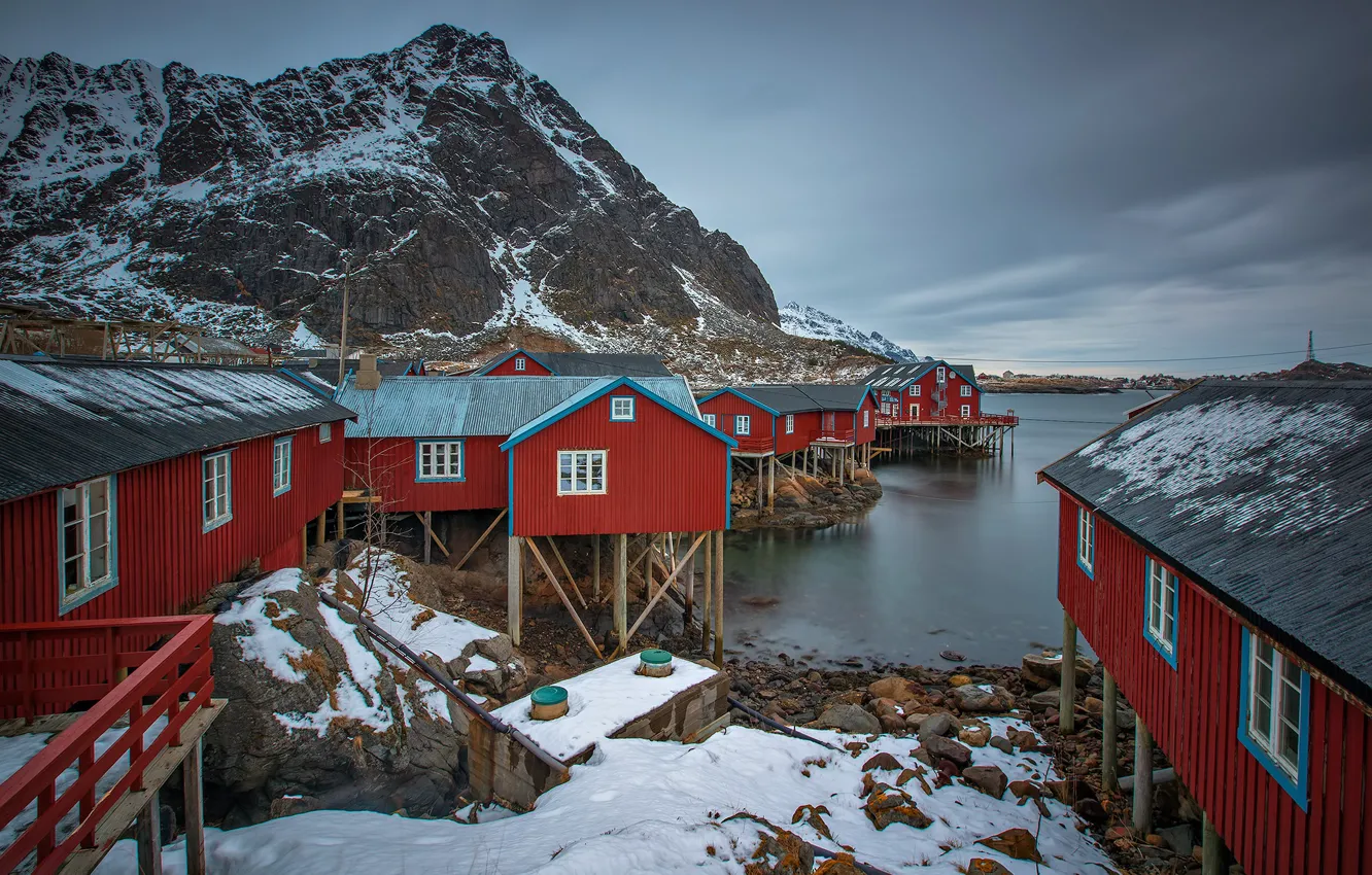 Фото обои скалы, дома, Норвегия, посёлок, Лофотенские острова