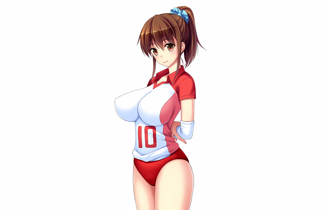 Фото обои girl, sexy, shorts, brown hair, boobs, anime, beautiful, red eyes