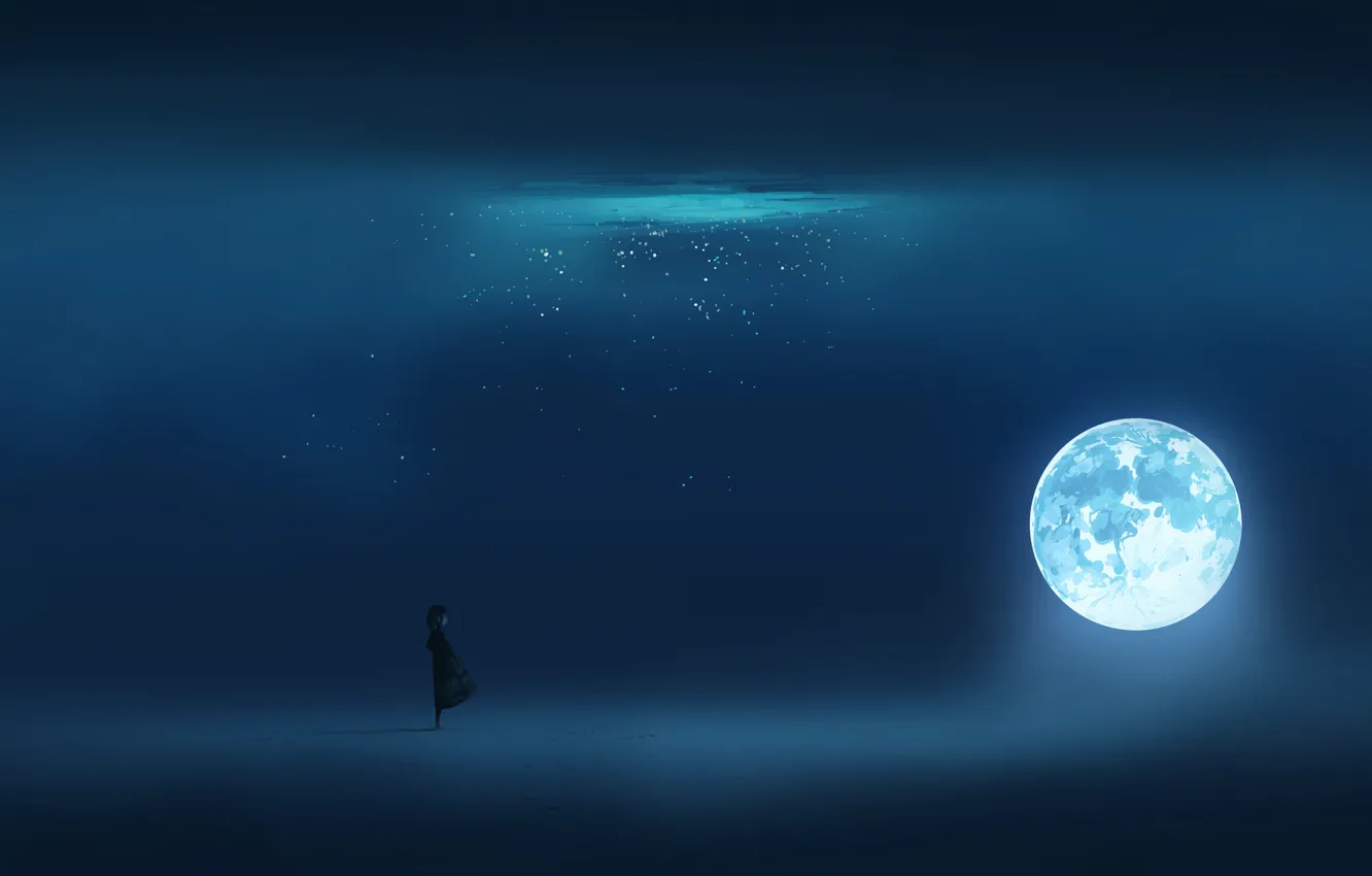 Фото обои луна, фэнтези, девочка, одна