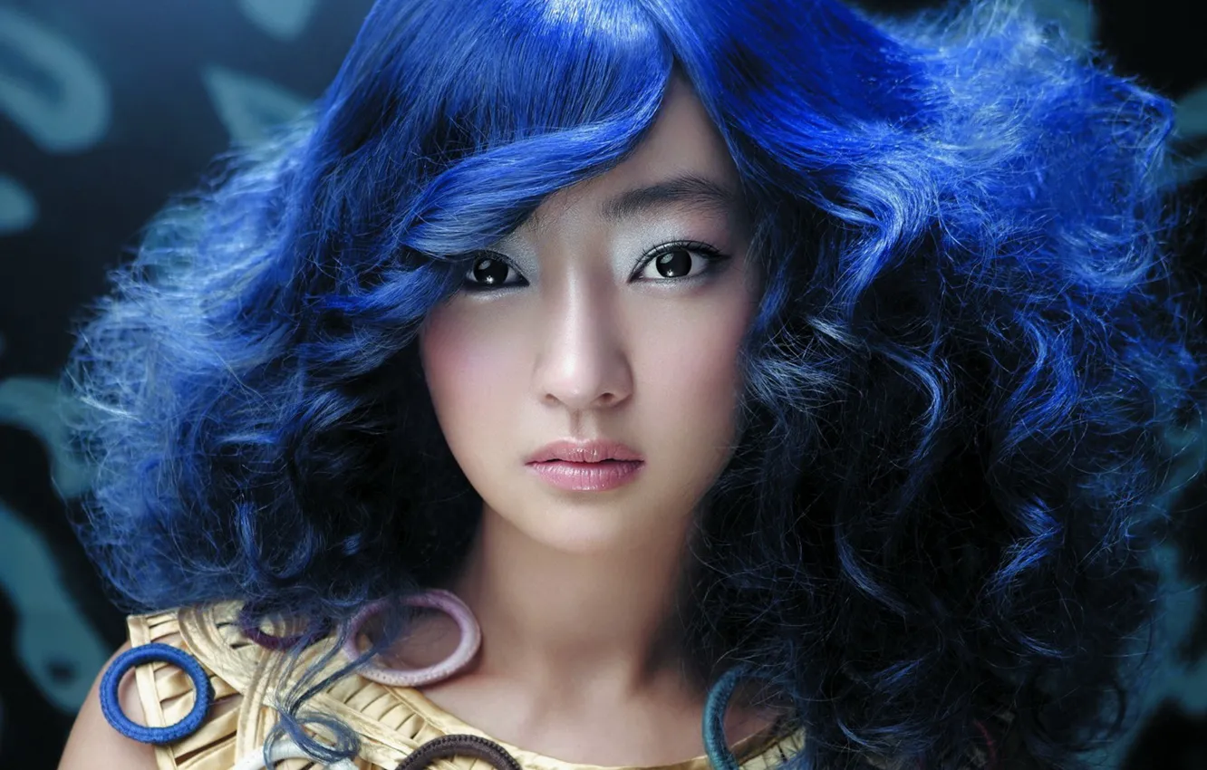 Фото обои девушка, лицо, азиатка, синие волосы