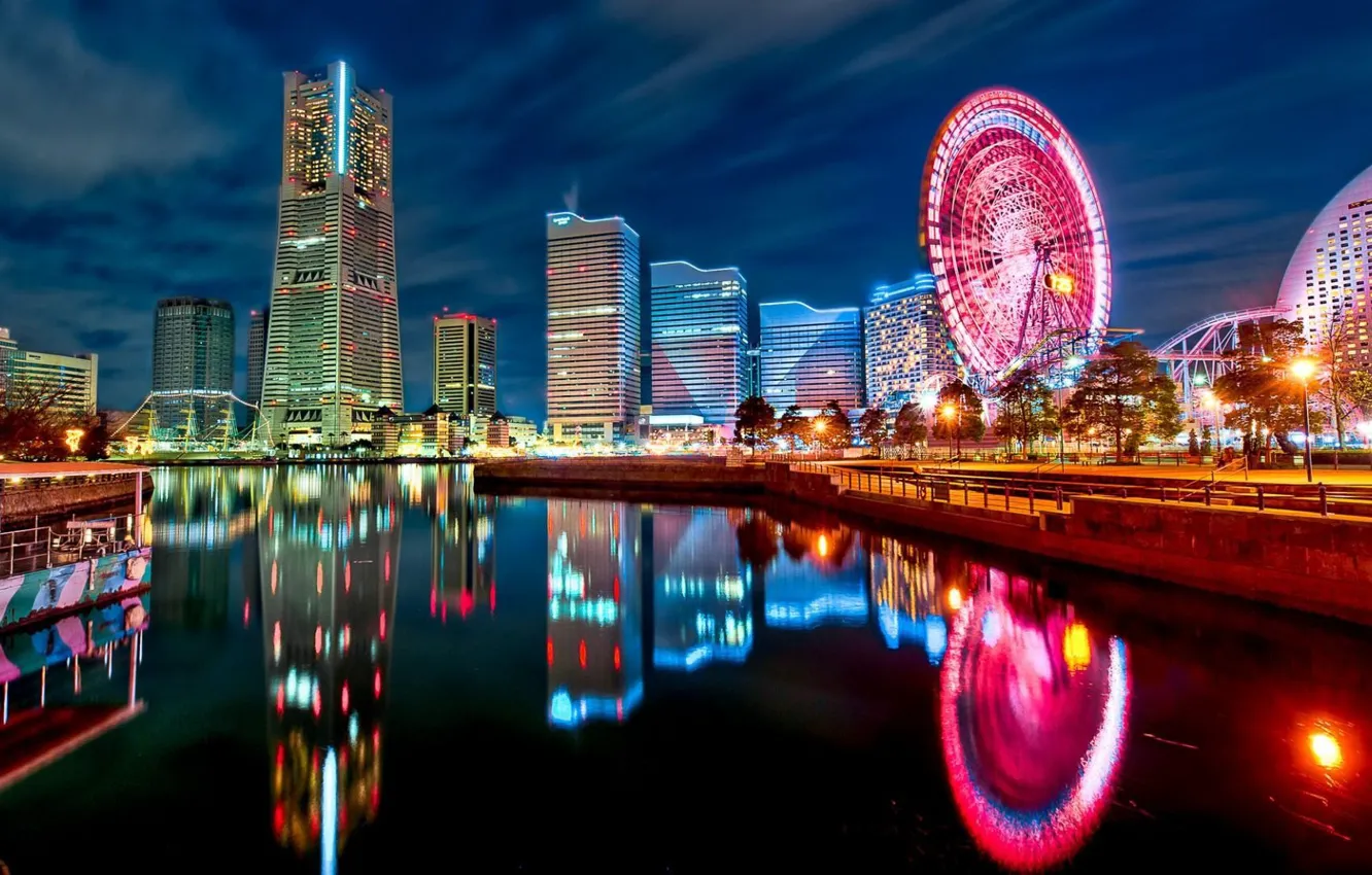 Фото обои колесо обозрения, Tokyo, Japan, отражение в воде, огни ночного города