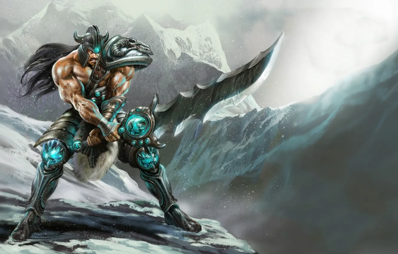 Фото обои снег, горы, оружие, меч, доспехи, воин, мужчина, league of legends