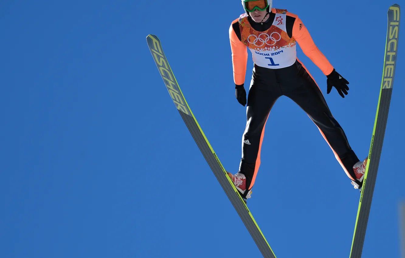 Фото обои небо, лыжи, полёт, прыжки с трамплина, РОССИЯ, Сочи 2014, XXII Зимние Олимпийские Игры, Sochi 2014