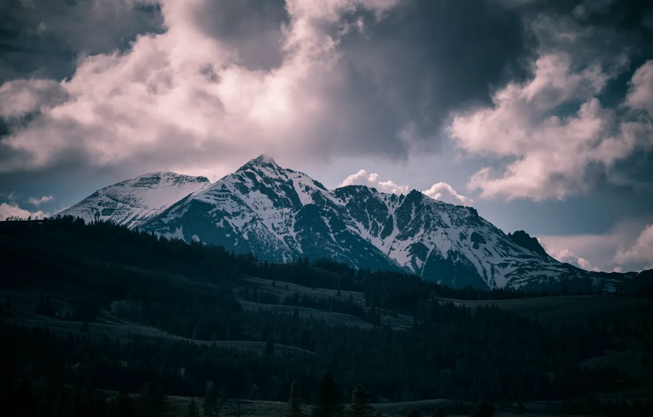 Фото обои USA, United States, Wyoming, sky, trees, Mountain, clouds, snow