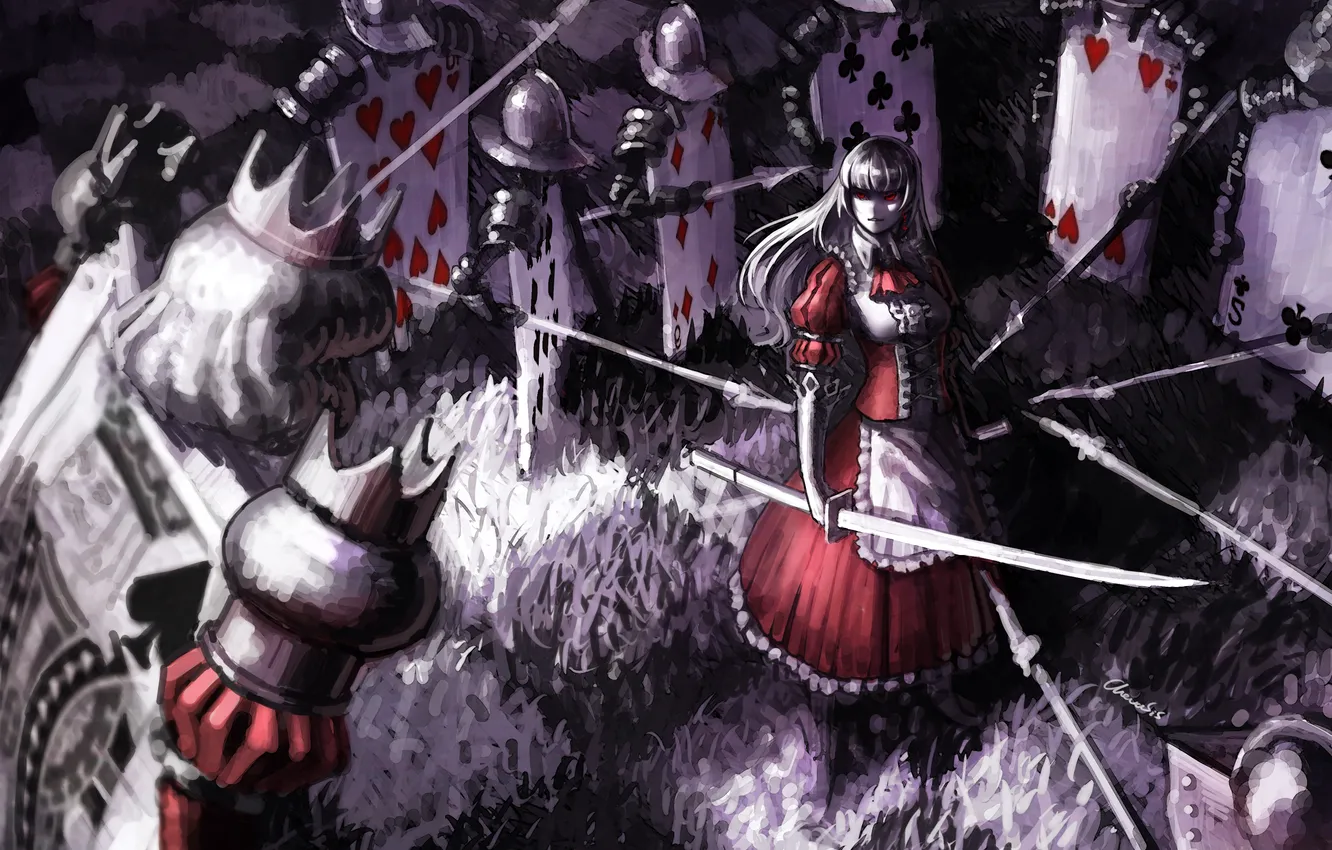 Фото обои карты, девушка, оружие, меч, солдаты, алиса в стране чудес, Alice in Wonderland, ухмылка