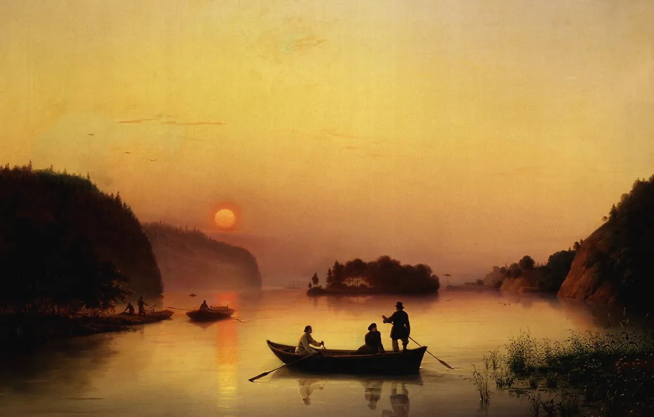 Фото обои туман, река, лодка, картина, прогулка, переправа, Иванов