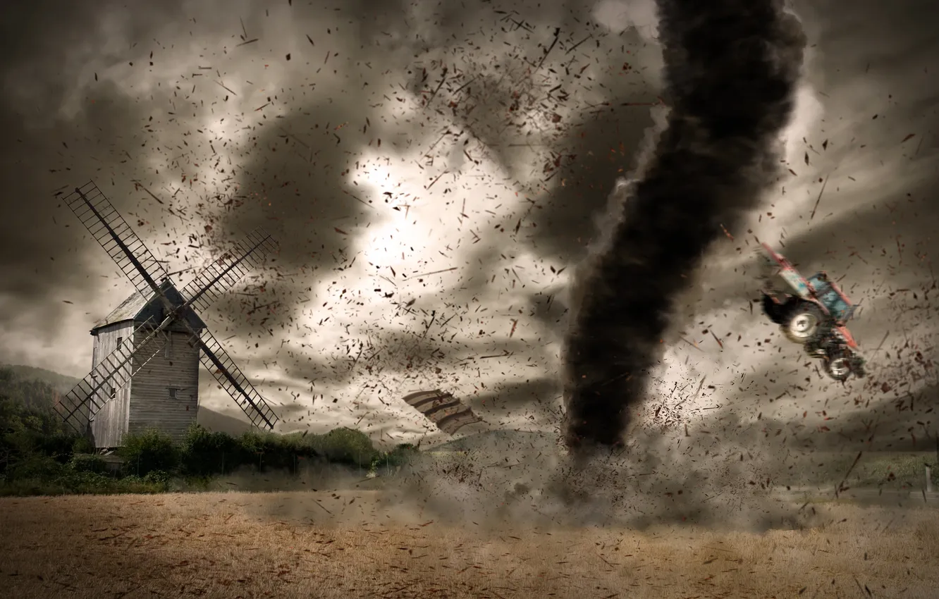 Фото обои поле, дым, катастрофа, мельница, трактор, метеорит
