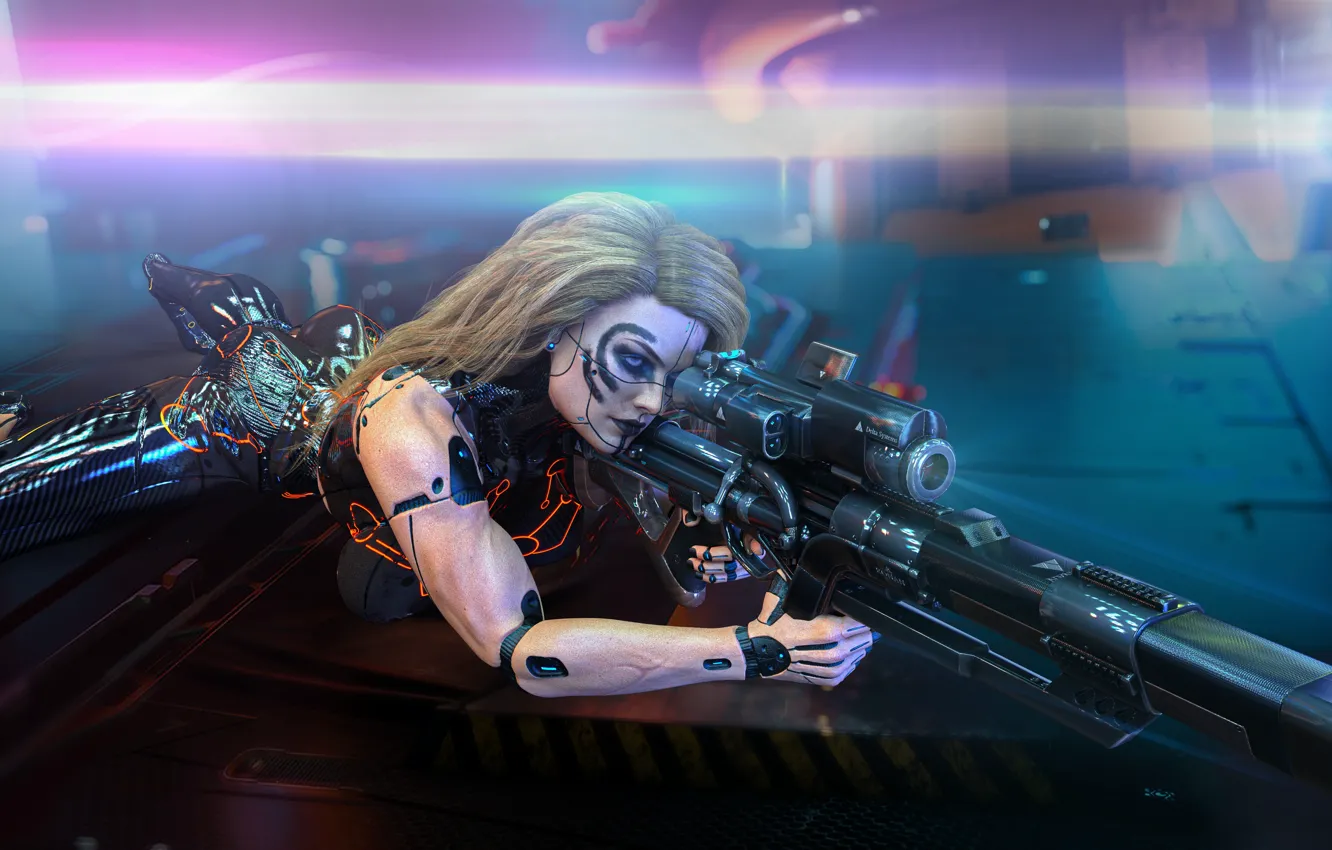 Фото обои Cool, Снайпер, Прицел, Киборг, Снайперская винтовка, Cyborg, Sniper, Cyberpunk