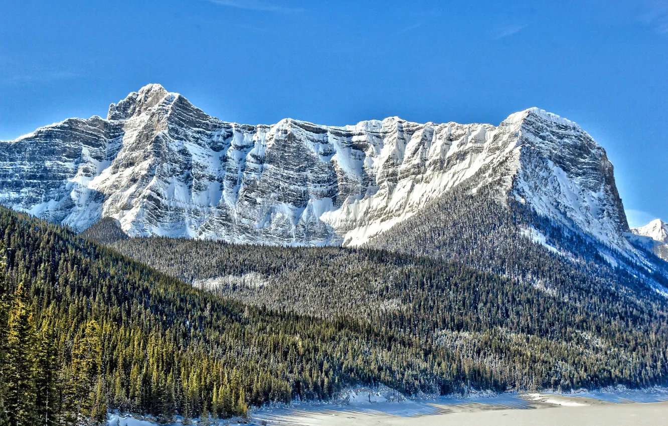 Фото обои снег, Канада, вершина, хвойные деревья, Mount Sarrail, озеро Aster, гора Саррайль, хребёт