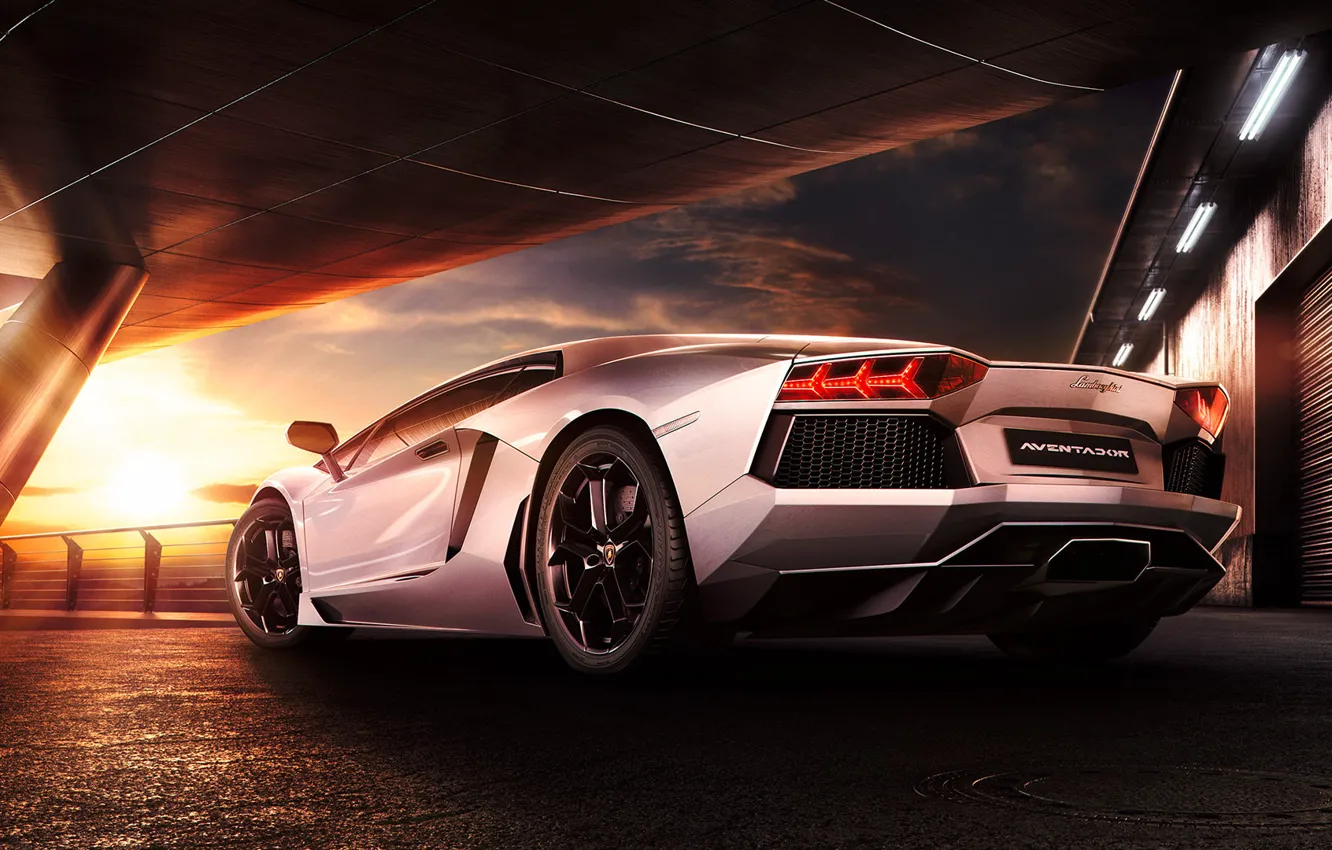Фото обои Lamborghini, Sky, Sunset, Beauty, LP700-4, Aventador, Supercar, Reflection