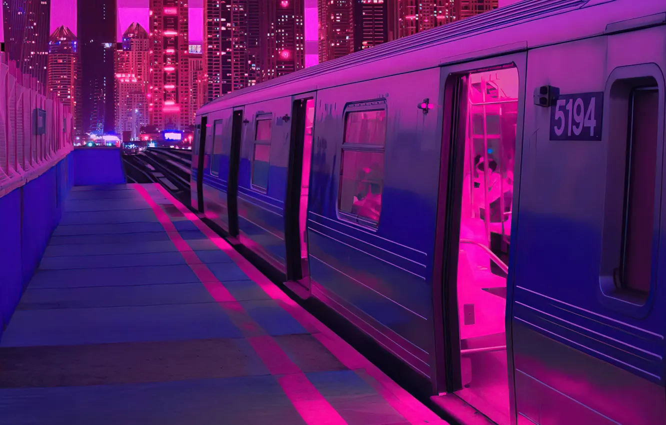 Фото обои ночь, city, город, поезд, неон, вагон, платформа, neon