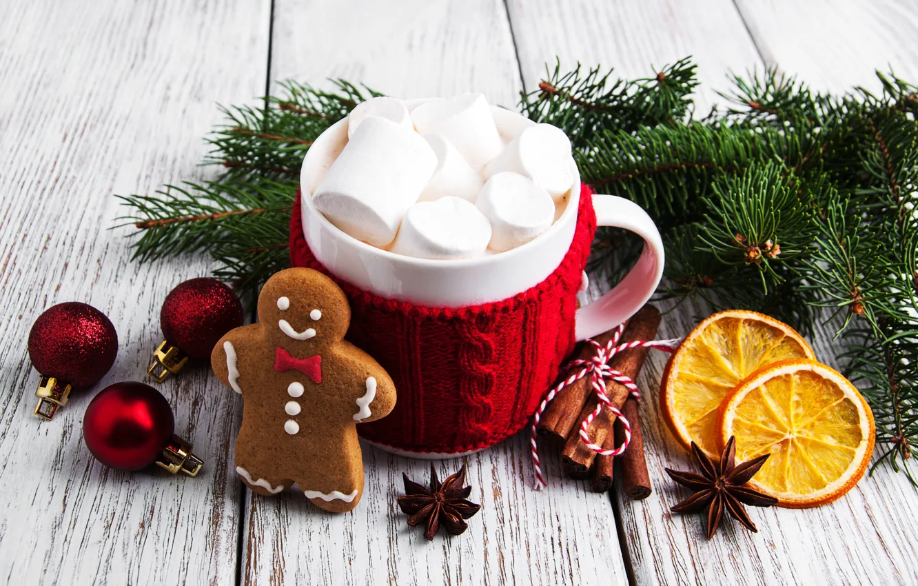 Фото обои украшения, Новый Год, Рождество, christmas, wood, cup, merry, какао