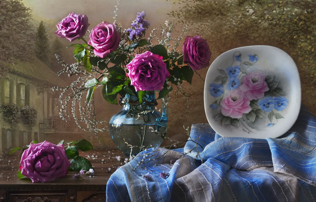 Фото обои цветы, розы, тарелка, ткань, кувшин, Валентина Колова