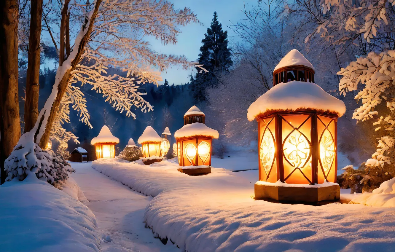 Фото обои зима, снег, ночь, новый год, Рождество, фонари, Christmas, night