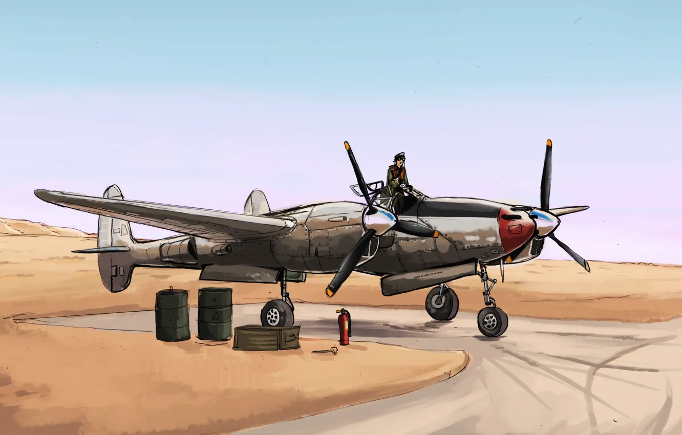 Фото обои пустыня, истребитель, арт, пилот, Lockheed, USAF, P-38 Lightning